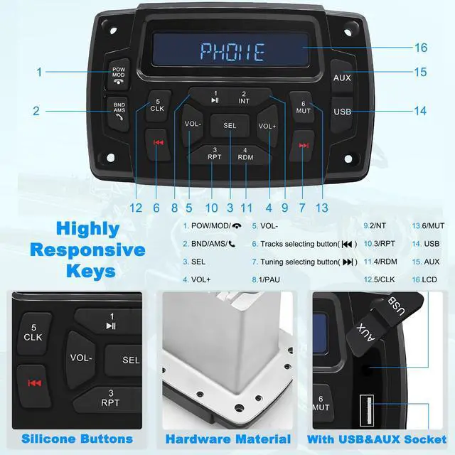 Alt view image 4 of 4 - Marine Radio Receiver Waterproof Boat Stereo Radio System with AUX-in Subwoofer Pre-Amp EQ, AM/FM Radio Receiver Digital Media MP3 Player USB Input for Motorcycle Boat Golf Cart Truck