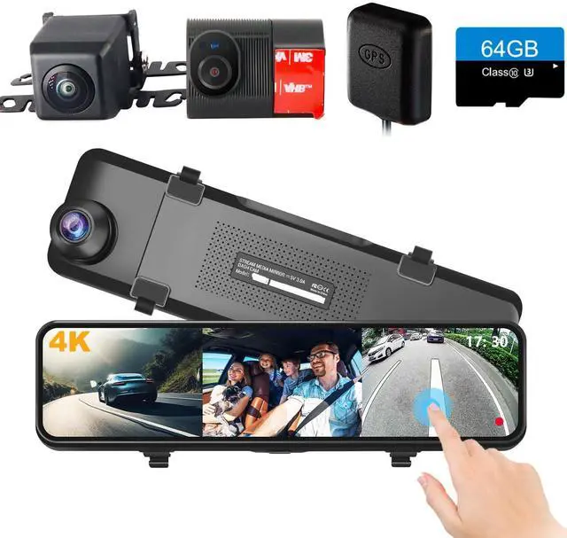 Main image of 4K 3 Channel Mirror Dash Cam, 10.88" Triple Rear View Mirror Dash Camera Front Inside Rear for Car RV Truck, Night Vision, 64GB Card, WDR, G-Sensor, 24H Parking Monitor (INS102-3CH)