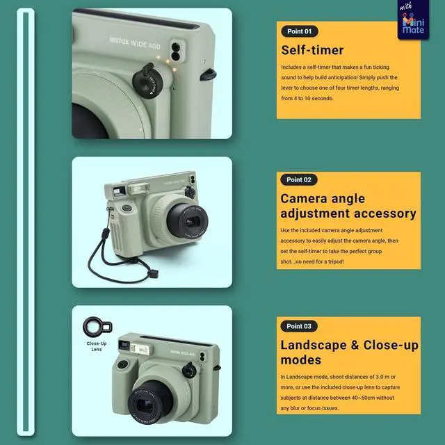 Alt view image 3 of 6 - INSTAX Wide 400 Instant Camera - Sage Green with Creative Bonus Bundle of Wide Instant Film... (Camera + 2 Wide Twin Pack/CC1)