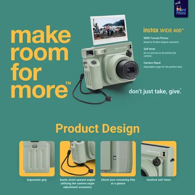 Alt view image 4 of 6 - INSTAX Wide 400 Instant Camera - Sage Green with Creative Bonus Bundle of Wide Instant Film... (Camera + 2 Wide Twin Pack/CC1)