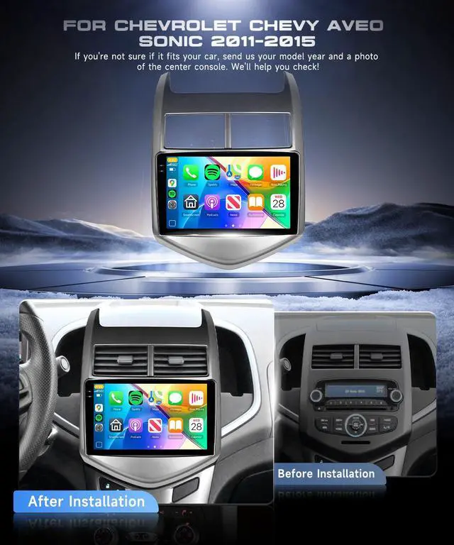 Alt view image 2 of 4 - 4G+128G Car Stereo for Chevrolet Chevy Aveo Sonic 2011-2015, 9 HD Incell Touch Screen Android 15 Radio, Wireless Carplay Android Auto, 5G WiFi, GPS, Bluetooth 5.0, FM, 32 EQ, SWC, Backup Camera