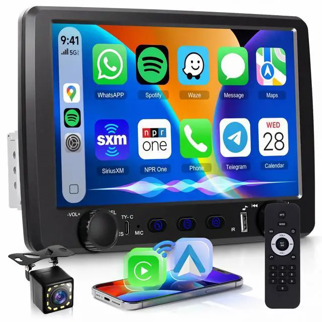 Main image of Single Din Car Stereo with Wireless Carplay & Android Auto, 9 Inch Touchscreen Car Audio Receiver, Mirror Link, Bluetooth Handsfree/FM/, Backup Camera, SWC, USB/Type-C, EQ, Remote Control