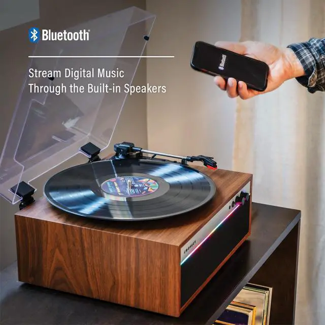 Alt view image 3 of 4 - CR6048A-WA Strobe Bluetooth Vinyl Record Player with Music Sync Color Changing LED Lights, Walnut