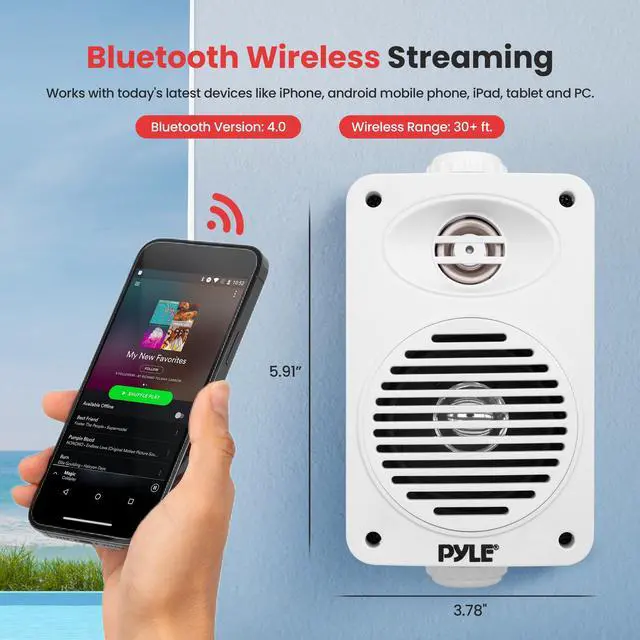 Alt view image 2 of 4 - 200 Watt Bluetooth Indoor Outdoor Speakers Pair - Dual Waterproof 3.5 2-Way Full Range Speaker System w/ 1/2 High Compliance Polymer Tweeter | Home, Boat, Marine, Deck, Patio, Poolside (White)