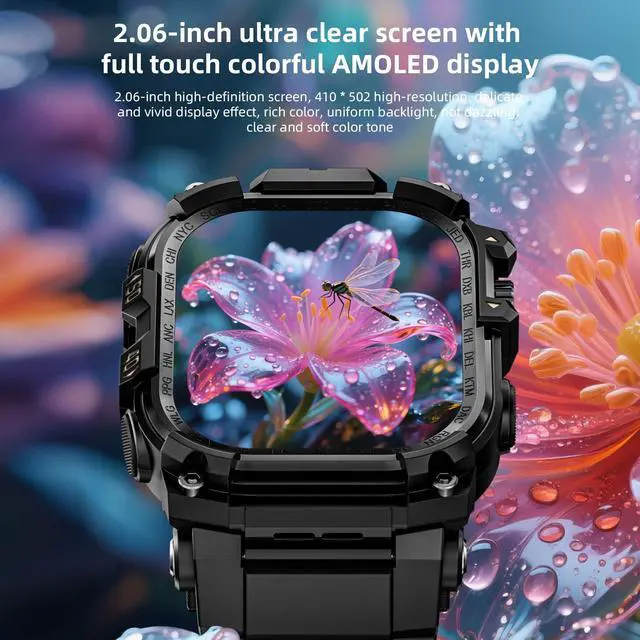 Alt view image 2 of 4 - 2.06'' AMOLED Large Screen 4G Smart Watch, 3GB+32GB Mens Military Rugged Sports Android Smartwatch with Rotating Camera WiFi GPS NFC (Black)