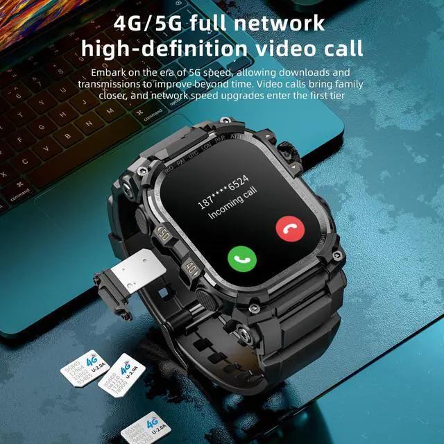 Alt view image 4 of 4 - 2.06'' AMOLED Large Screen 4G Smart Watch, 3GB+32GB Mens Military Rugged Sports Android Smartwatch with Rotating Camera WiFi GPS NFC (Black)