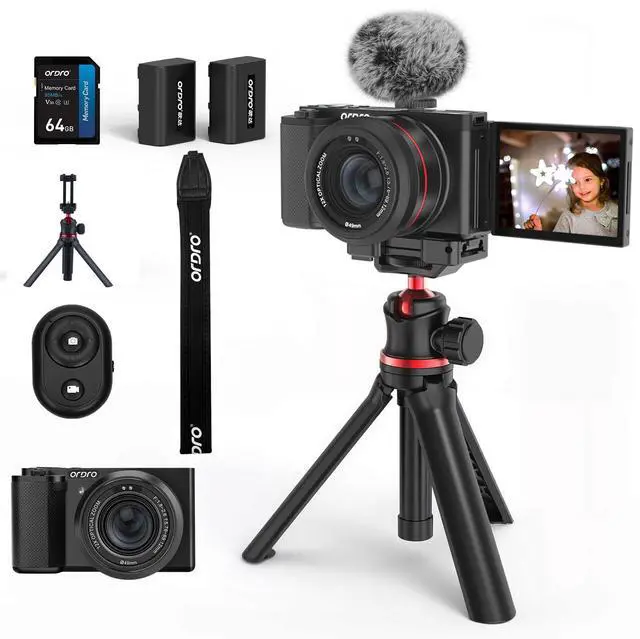 Main image of 5K Digital Cameras for Photography - 64MP 12X Optical Zoom Travel Content Creator Camera & YouTube Vlogging Camera with Flip Screen, Microphone & Tripod Grip, 64GB Memory Card