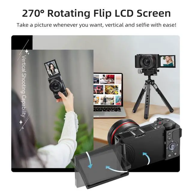 Alt view image 4 of 4 - 5K Digital Cameras for Photography - 64MP 12X Optical Zoom Travel Content Creator Camera & YouTube Vlogging Camera with Flip Screen, Microphone & Tripod Grip, 64GB Memory Card