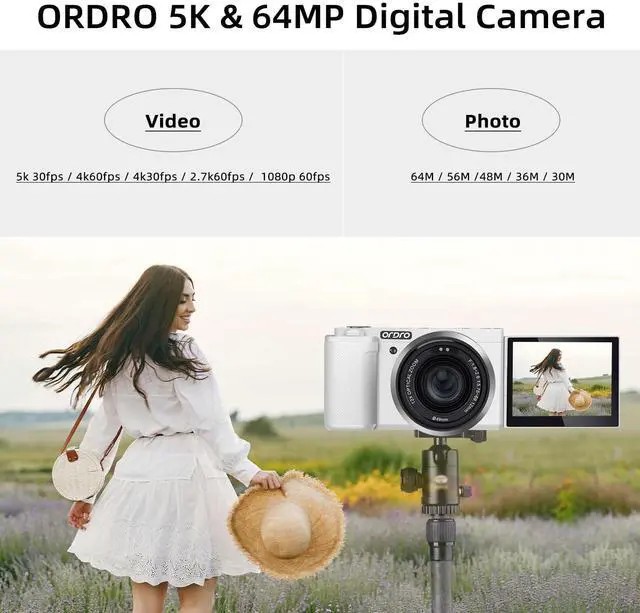 Alt view image 2 of 4 - 5K Digital Cameras for Photography - 64MP 12X Optical Zoom Travel Content Creator Camera & YouTube Vlogging Camera with Flip Screen, Microphone & Tripod Grip, 64GB Memory Card(White)
