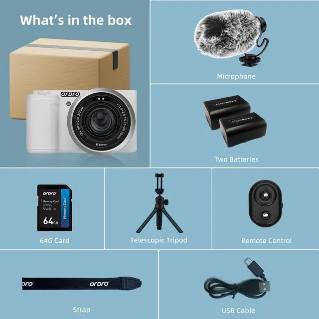 Alt view image 4 of 4 - 5K Digital Cameras for Photography - 64MP 12X Optical Zoom Travel Content Creator Camera & YouTube Vlogging Camera with Flip Screen, Microphone & Tripod Grip, 64GB Memory Card(White)