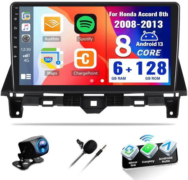 Main image of 8 Core 6G+128G Android Car Stereo for Honda Accord 8th 2008-2013 10.1 Inch Touch Screen with Wireless CarPlay Android Auto Bluetooth GPS Navigation HiFi WiFi 59UI Weather Forecast