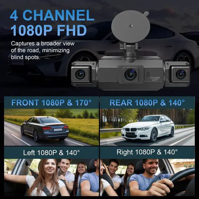 Alt view image 3 of 4 - 4 Channel Dash Cam, Front and Rear, 360 Dash Camera for Cars, 1080P FHD x4, Front 2K+1080P*2 Inside Camera, Built-in WiFi, GPS, Night Vision, 24/7 Recording Parking Mode Monitor, Free 64G Card
