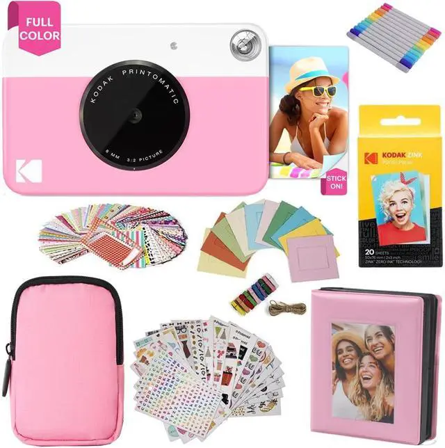 Main image of Printomatic Full-Color Instant Print Camera Gift Bundle + Soft Case + Zink 2x3 Sticky Back Photo Paper 20pk + Album + Sticker Sets + Sticker Frames + Hanging Frames + Markers, Fun Gift - Pink