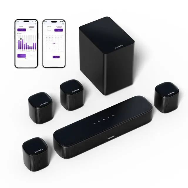 Main image of 7.1ch Virtual Surround Sound Bar, Surround Sound System for TV, Sound Bar for Smart TV with 4 Surround Speakers, Peak Power 330W, App Control, TV Soundbar with Subwoofer, Opt/AUX/BT, Aura A40
