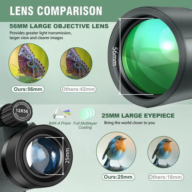 Alt view image 4 of 4 - 12x56 High Power Monocular Telescope with Smartphone Adapter Tripod Travel Bag, Larger Vision Monoculars for Adults with BAK4 Prism & FMC Lens, Suitable for Bird Watching Hunting Hiking Camping