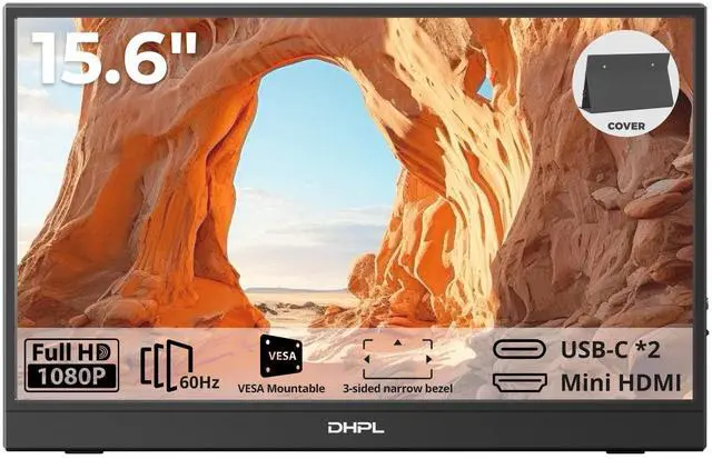 Main image of Portable Monitor, 15.6-inch FHD 1080P 60Hz IPS Screen, Laptop Screen Extension, USB-C/HDMI Ports, VESA Mount Support, Compatible with Laptops/PCs/MacBook/Switch/PS4/5/Xbox