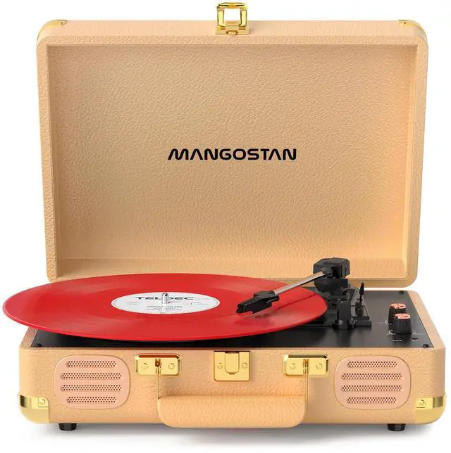 Main image of Vintage Bluetooth Record Player, 3-Speed Portable Turntable with Built-in Bass Stereo Speakers, Belt-Driven Vinyl Phonograph, Support AUX-in, RCA Line Out & Headphone Jack Gold