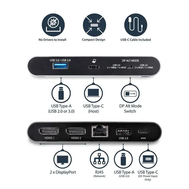 Alt view image 2 of 4 - USB-C Multiport Adapter - Dual-Monitor - Windows - USB-C to Dual 4K DisplayPort Adapter - 2X USB-A Ports - 100W PD 3.0 - GbE