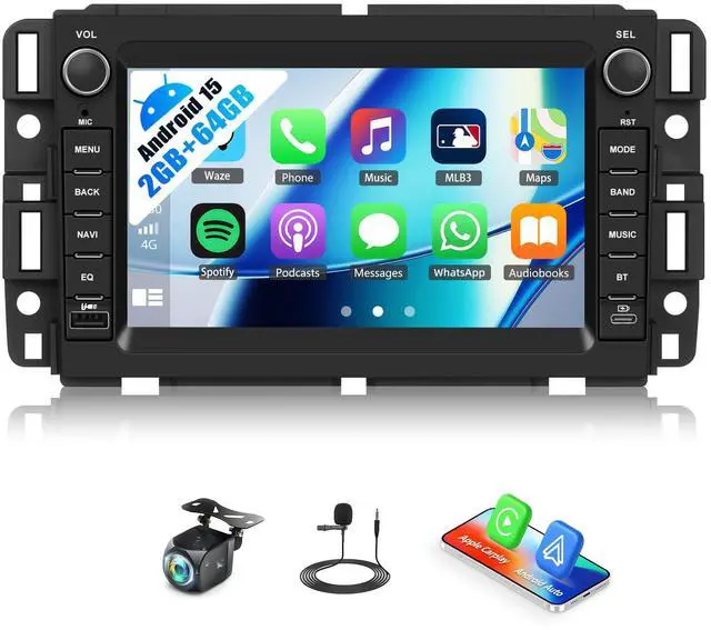 Main image of Android 15 4-Core+64G for Chevrolet Chevy Silverado GMC Sierra Yukon Buick Car Radio Stereo A-pple CarPlay Android Auto 7 Touch Screen EQ Bluetooth GPS WiFi FM/RDS 28-UI SWC Type-C/USB Camera+MIC
