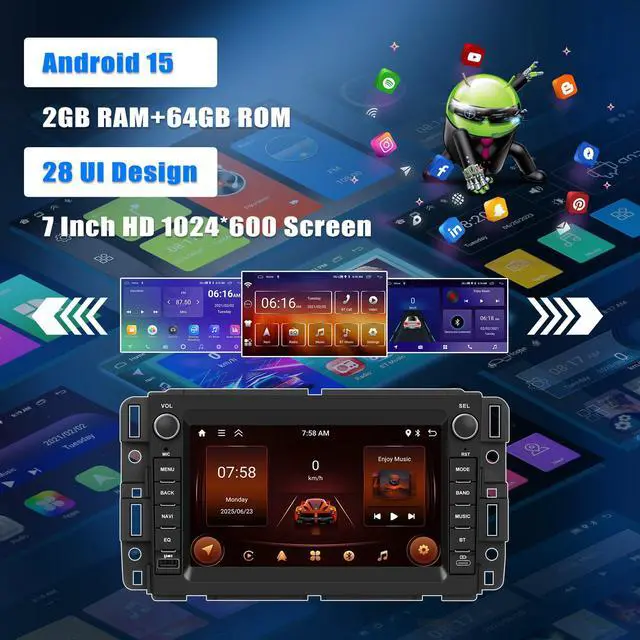 Alt view image 3 of 4 - Android 15 4-Core+64G for Chevrolet Chevy Silverado GMC Sierra Yukon Buick Car Radio Stereo A-pple CarPlay Android Auto 7 Touch Screen EQ Bluetooth GPS WiFi FM/RDS 28-UI SWC Type-C/USB Camera+MIC