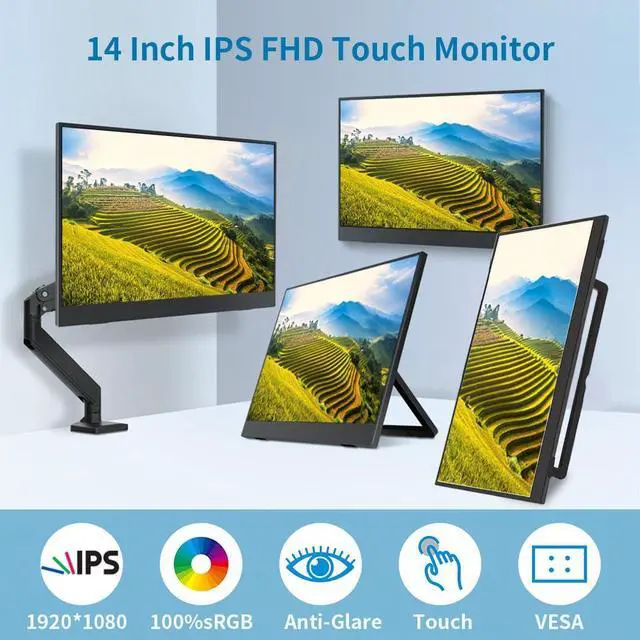 Alt view image 2 of 4 - Portable Monitor Touchscreen 14",USB-C & FHD External Display 100% sRGB Anti-Glare Eye Care,Privacy Protection,Low-Power,VESA Mountable Travel Monitor for Laptop/Mac/Gaming/Office