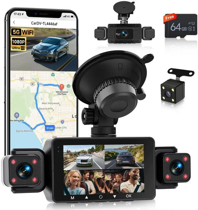 Main image of 4 Channel Dash Cam for Car, 3 inch IPS Screen, 360° 1080P Dash Cam with 64G SD Card, 5G WiFi & App Control, 8 IR Lamps Night Vision, G-Sensor, Loop Recording, Reversing Assistance