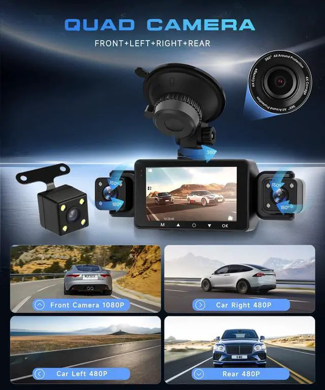 Alt view image 2 of 4 - 4 Channel Dash Cam for Car, 3 inch IPS Screen, 360° 1080P Dash Cam with 64G SD Card, 5G WiFi & App Control, 8 IR Lamps Night Vision, G-Sensor, Loop Recording, Reversing Assistance