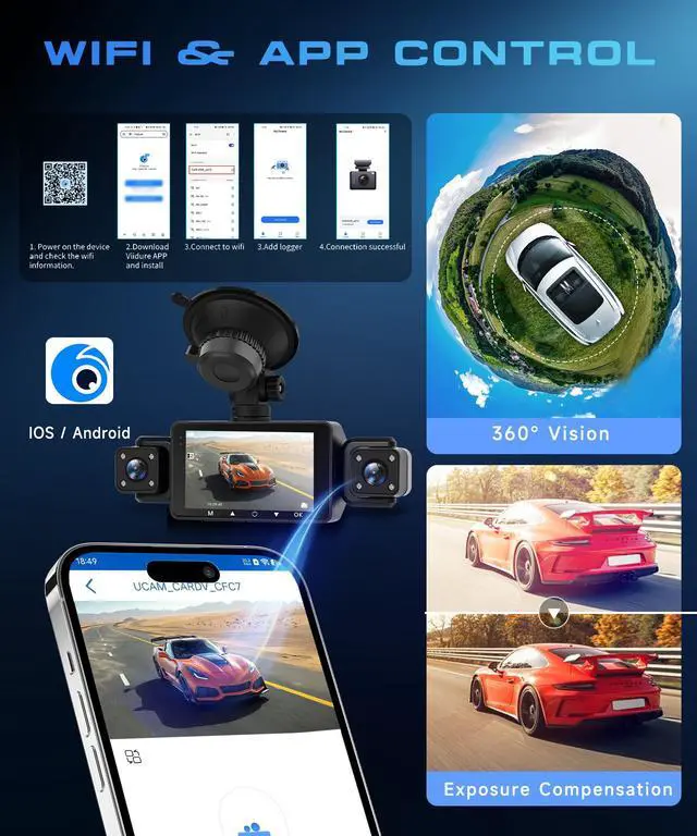 Alt view image 3 of 4 - 4 Channel Dash Cam for Car, 3 inch IPS Screen, 360° 1080P Dash Cam with 64G SD Card, 5G WiFi & App Control, 8 IR Lamps Night Vision, G-Sensor, Loop Recording, Reversing Assistance