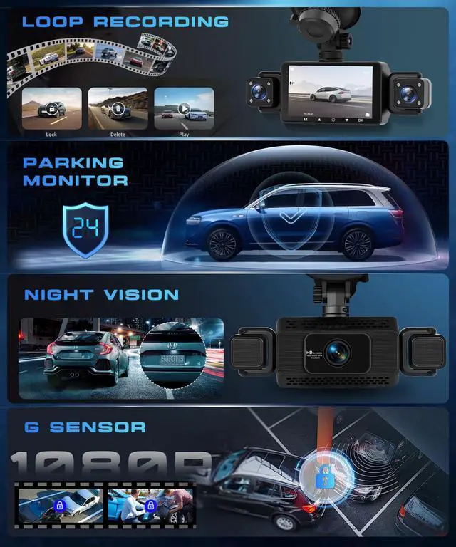 Alt view image 4 of 4 - 4 Channel Dash Cam for Car, 3 inch IPS Screen, 360° 1080P Dash Cam with 64G SD Card, 5G WiFi & App Control, 8 IR Lamps Night Vision, G-Sensor, Loop Recording, Reversing Assistance