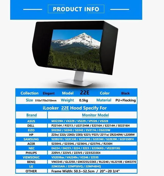 Alt view image 2 of 4 - 22E 21~22 inch LCD LED Video Monitor Hood Sunshade Sunhood for Dell HP Viewsonic Philips Samsung LG EIZO NEC ASUS ACER BENQ AOC Lenovo, Fits Monitor Frame Width 505-525mm