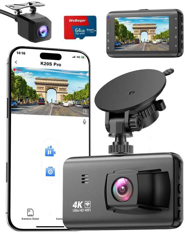 Main image of Dash Cam 4K Front and 1080P Rear,Dual Dashcam with 64GB Card WiFi Dash Camera for Cars 3" IPS Screen,App Control,Time Lapse,Night Vision,Type C Interface,Support 256GB Max(Black)