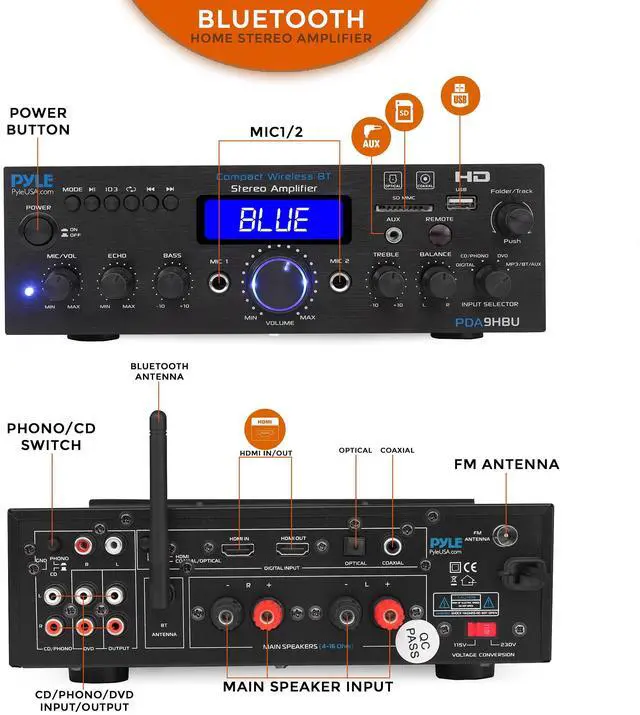 Alt view image 2 of 4 - Usa Wireless Bluetooth Home Stereo Amplifier - Multi-Channel 200 Watt Power Amplifier Home Audio Receiver System w/ HDMI, Optical/Phono/Coaxial,FM Radio, USB/SD, AUX, RCA,Mic in Remote - PDA9HBU.6