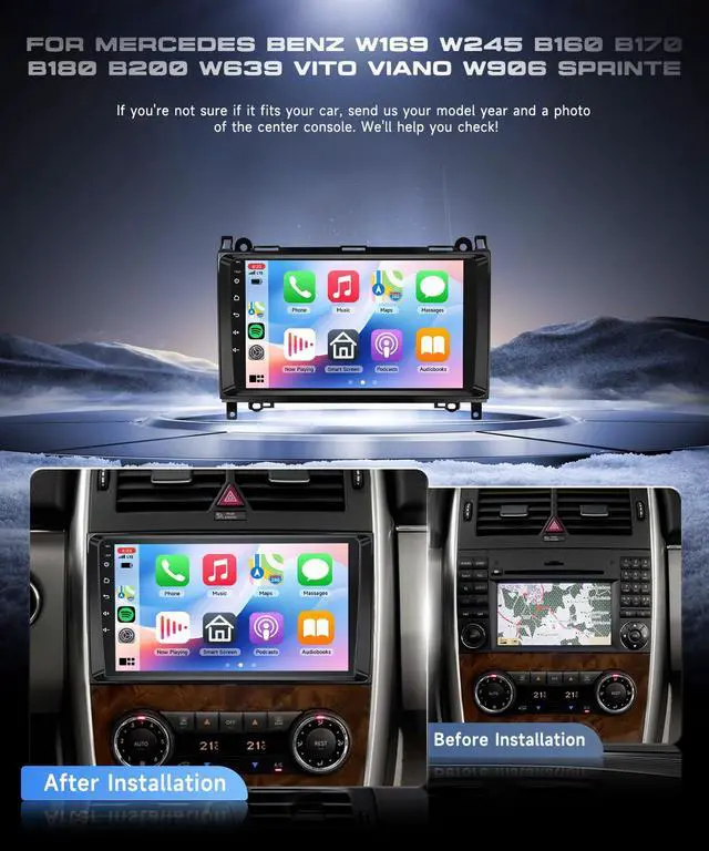 Alt view image 2 of 4 - 4G+64G Android 15 Car Stereo for Mercedes Benz W169 W245 B160 B170 B180 B200 W639 Vito Viano W906 Sprinter with Wireless Carplay Android Auto, 9 Inch Touch Screen GPS, BT, WiFi, SWC, Backup Camera