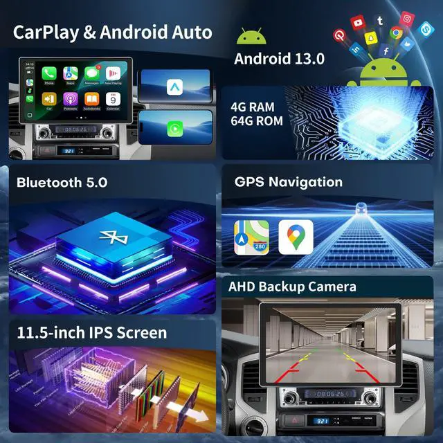 Alt view image 3 of 4 - 4+64G Radio for Toyota Tacoma 2005-2015 Radio Stereo Carplay Android Auto Upgraded 11.5 Inches QLED Screen Tesla Style GPS Navigation FM SWC Bluetooth 5.0 AHD Backup Camera