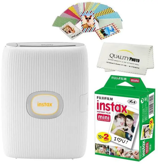 Main image of Instax Mini Link 2 Smartphone Printer Plus Instax Mini Films 20 Pack. Plus Stickers. Bonus All-Purpose Microfiber Cloth (Clay White)