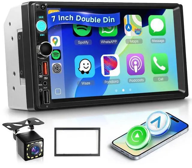 Main image of Double Din Car Stereo with Wireless CarPlay/Android Auto, 7 Inch IPS Touch Screen Radio, Bluetooth 5.2, FM Radio,Double Din Head Unit with Online Video EQ USB/Type-C/TF Card/Aux Ports Backup Camera