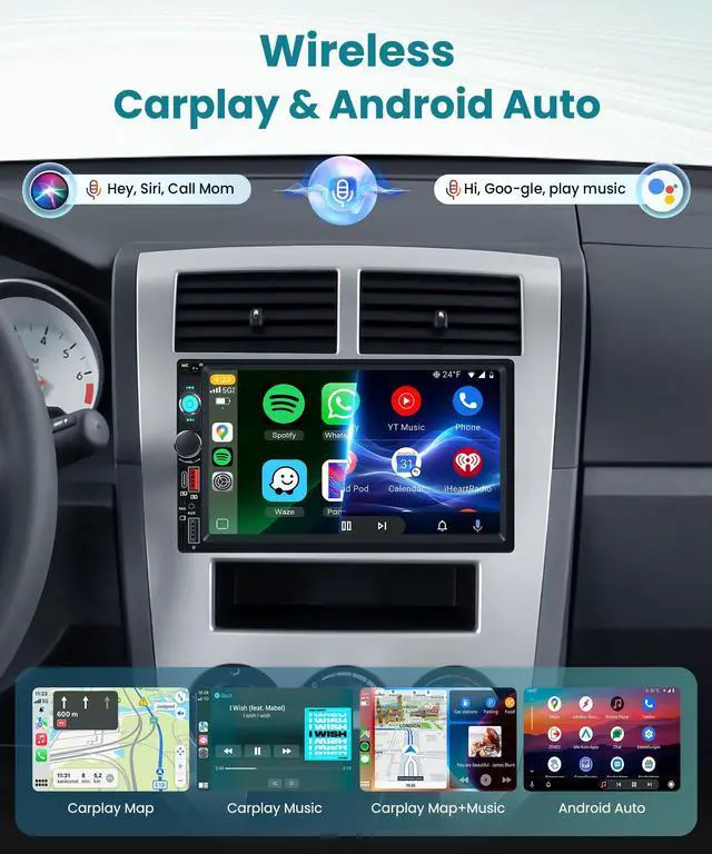 Alt view image 2 of 4 - Double Din Car Stereo with Wireless CarPlay/Android Auto, 7 Inch IPS Touch Screen Radio, Bluetooth 5.2, FM Radio,Double Din Head Unit with Online Video EQ USB/Type-C/TF Card/Aux Ports Backup Camera