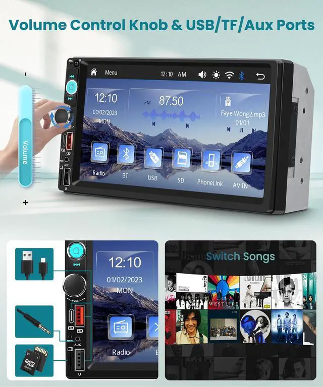 Alt view image 3 of 4 - Double Din Car Stereo with Wireless CarPlay/Android Auto, 7 Inch IPS Touch Screen Radio, Bluetooth 5.2, FM Radio,Double Din Head Unit with Online Video EQ USB/Type-C/TF Card/Aux Ports Backup Camera