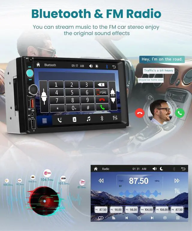 Alt view image 4 of 4 - Double Din Car Stereo with Wireless CarPlay/Android Auto, 7 Inch IPS Touch Screen Radio, Bluetooth 5.2, FM Radio,Double Din Head Unit with Online Video EQ USB/Type-C/TF Card/Aux Ports Backup Camera