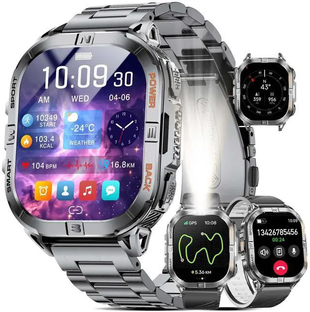 Main image of GPS Sports Smart Watch for Men, 2.13'' AMOLED Smartwatches, 170+ Sport Modes/LED Flashlight/Compass, IP68 Waterproof Step Tracker Watch, Sleep/Pedometer Smart Watches for Android iOS (Black)
