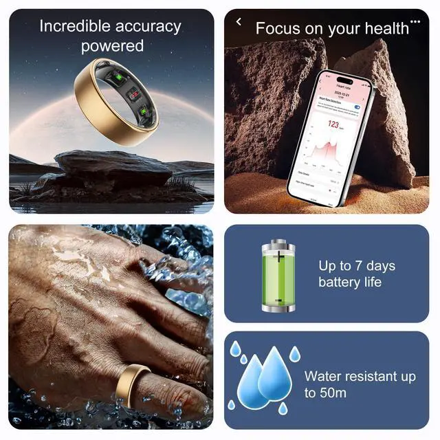 Alt view image 4 of 4 - Smart Ring for Women Men,Fitness Tracker Ring with Sleep Monitor,Heart Rate,Blood Oxygen,Calories Tracker,IP68 Waterproof Smart Rings,5-7 Days Battery Life for iOS Android,No App Fee(Rose Gold,8)