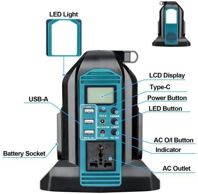 Alt view image 4 of 4 - 2-Ports 350W Power Inverter for Makita 18v Battery, Portable DC 18V to AC 110-120V Outdoor Generators Converter with USB-A & Type-C Port,300LM LED Light for Camping Emergency