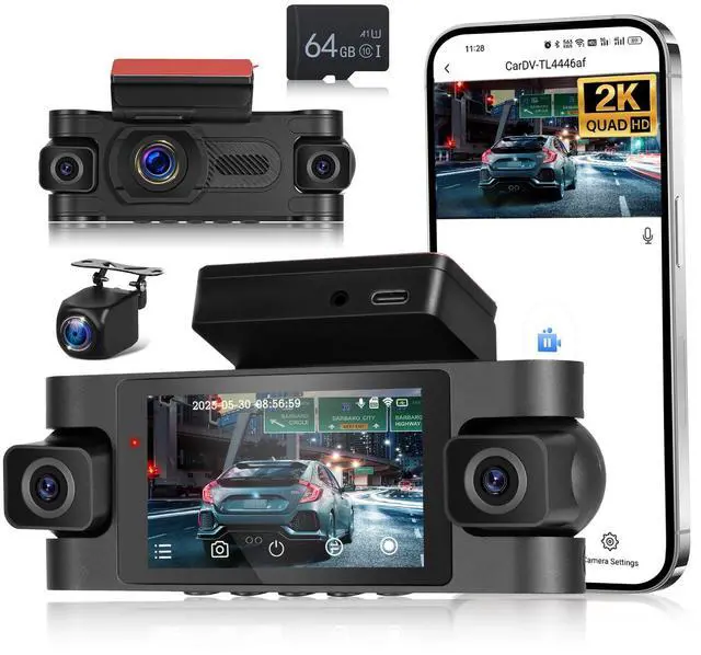 Main image of 5GHz WiFi 4 Channel Dash Cam, 2K Front+1080P*3 Rear Inside Left Right, 360°View Dash Camera for Cars, 3 Inch IPS Screen with Loop Recording/Night Vision/G-Sensor/24H Parking Mode, Free 64GB Card
