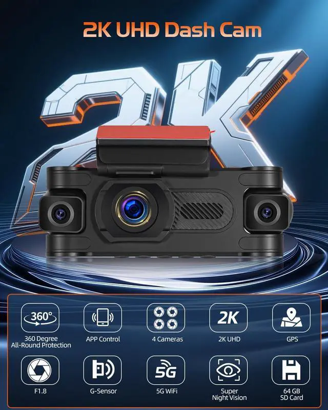 Alt view image 2 of 4 - 5GHz WiFi 4 Channel Dash Cam, 2K Front+1080P*3 Rear Inside Left Right, 360°View Dash Camera for Cars, 3 Inch IPS Screen with Loop Recording/Night Vision/G-Sensor/24H Parking Mode, Free 64GB Card