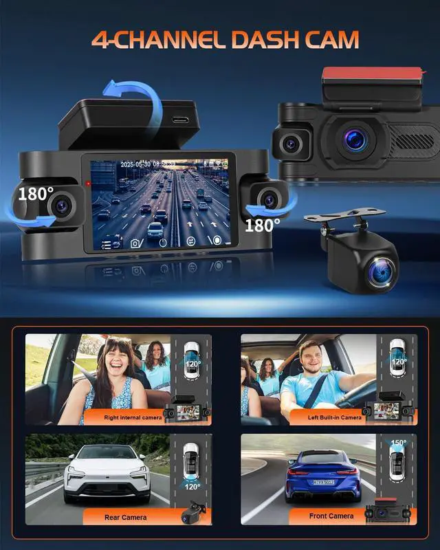 Alt view image 3 of 4 - 5GHz WiFi 4 Channel Dash Cam, 2K Front+1080P*3 Rear Inside Left Right, 360°View Dash Camera for Cars, 3 Inch IPS Screen with Loop Recording/Night Vision/G-Sensor/24H Parking Mode, Free 64GB Card