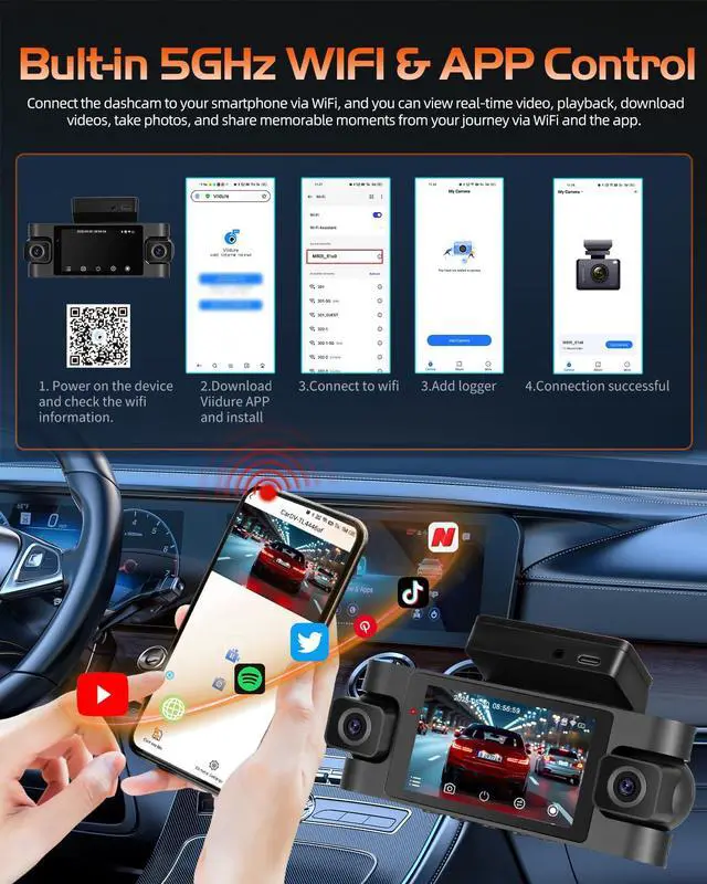 Alt view image 4 of 4 - 5GHz WiFi 4 Channel Dash Cam, 2K Front+1080P*3 Rear Inside Left Right, 360°View Dash Camera for Cars, 3 Inch IPS Screen with Loop Recording/Night Vision/G-Sensor/24H Parking Mode, Free 64GB Card