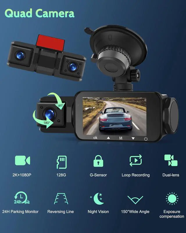 Alt view image 2 of 4 - 4 Channel Dash Cam 360°View, 2K+1080P*3 Front and Rear Inside Left Right, Dash Camera for Cars, 3 Inch IPS Screen, Built-in WiFi Night Vision G-Sensor, 24H Parking Mode, Free 128GB Card