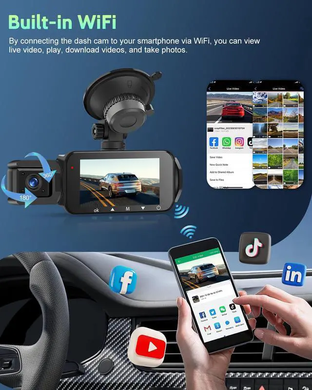 Alt view image 3 of 4 - 4 Channel Dash Cam 360°View, 2K+1080P*3 Front and Rear Inside Left Right, Dash Camera for Cars, 3 Inch IPS Screen, Built-in WiFi Night Vision G-Sensor, 24H Parking Mode, Free 128GB Card