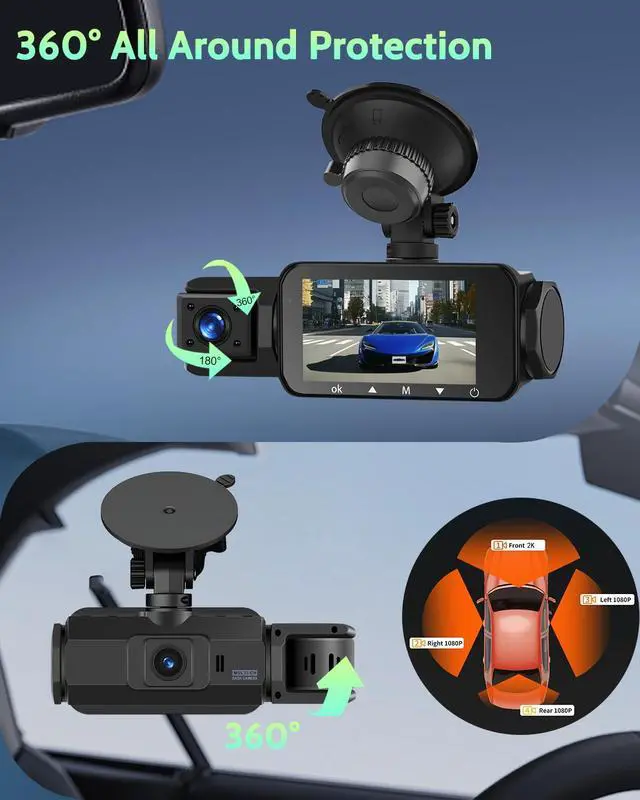 Alt view image 4 of 4 - 4 Channel Dash Cam 360°View, 2K+1080P*3 Front and Rear Inside Left Right, Dash Camera for Cars, 3 Inch IPS Screen, Built-in WiFi Night Vision G-Sensor, 24H Parking Mode, Free 128GB Card