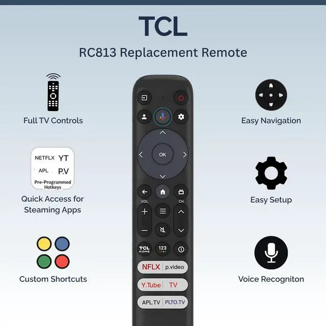 Alt view image 2 of 4 - 2 Pack RC813 TCL Remote Control Replacement - Easy Setup, Infrared + Bluetooth, Shortcut Keys - Universal TCL TV Remote Replacement for Google & Android TV (Series QM8, QM7, S5, S4, S3, Q7, Q6, Q5)